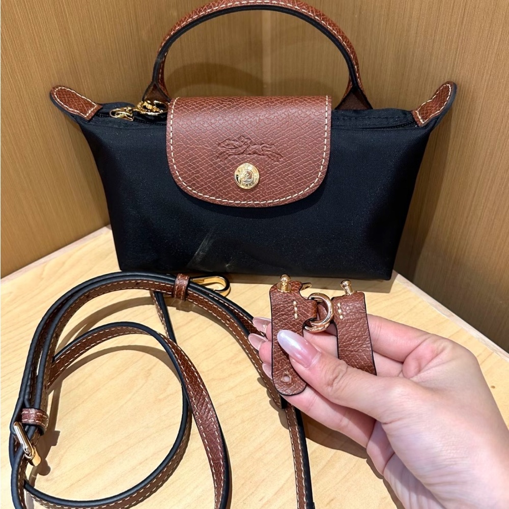 Longchamp Mini Le Pliage Navy Canvas Crossbody Tote Bag Brown Leather Trim - Picture 5 of 5
